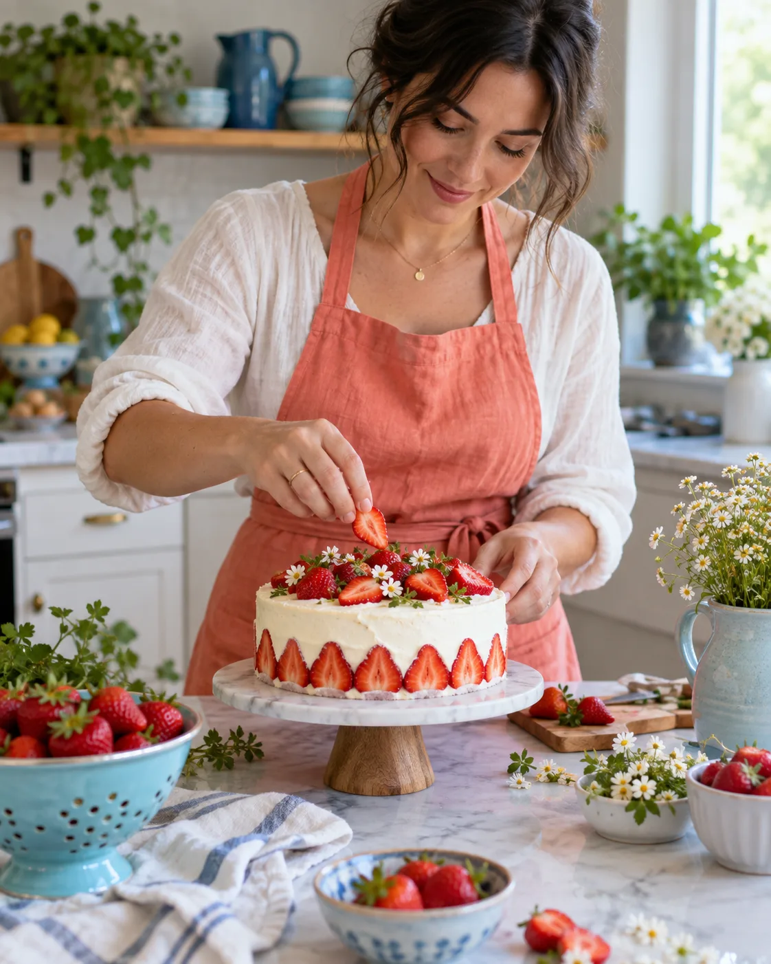 Imagen generada: creadora decorando una torta con frutillas