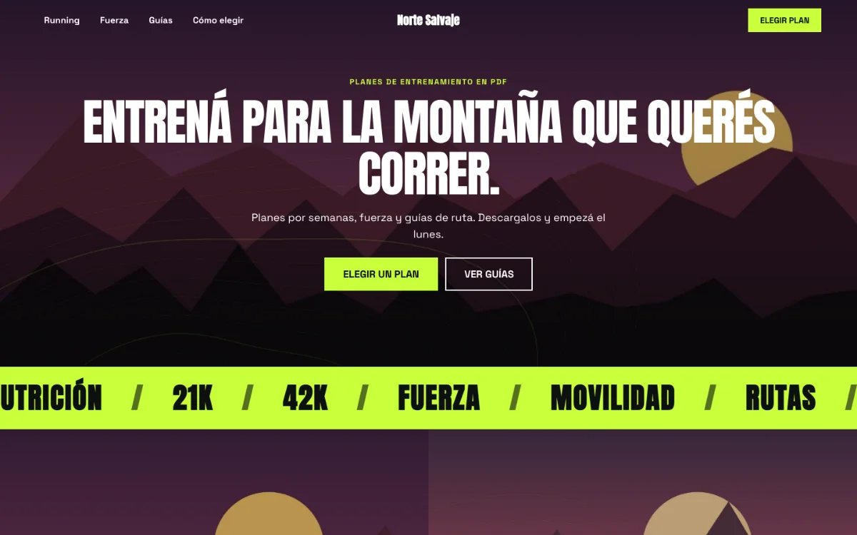 Diseño oscuro con títulos en mayúsculas y una franja en movimiento
